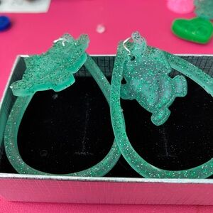 Green Glitter Dinosaur Earrings